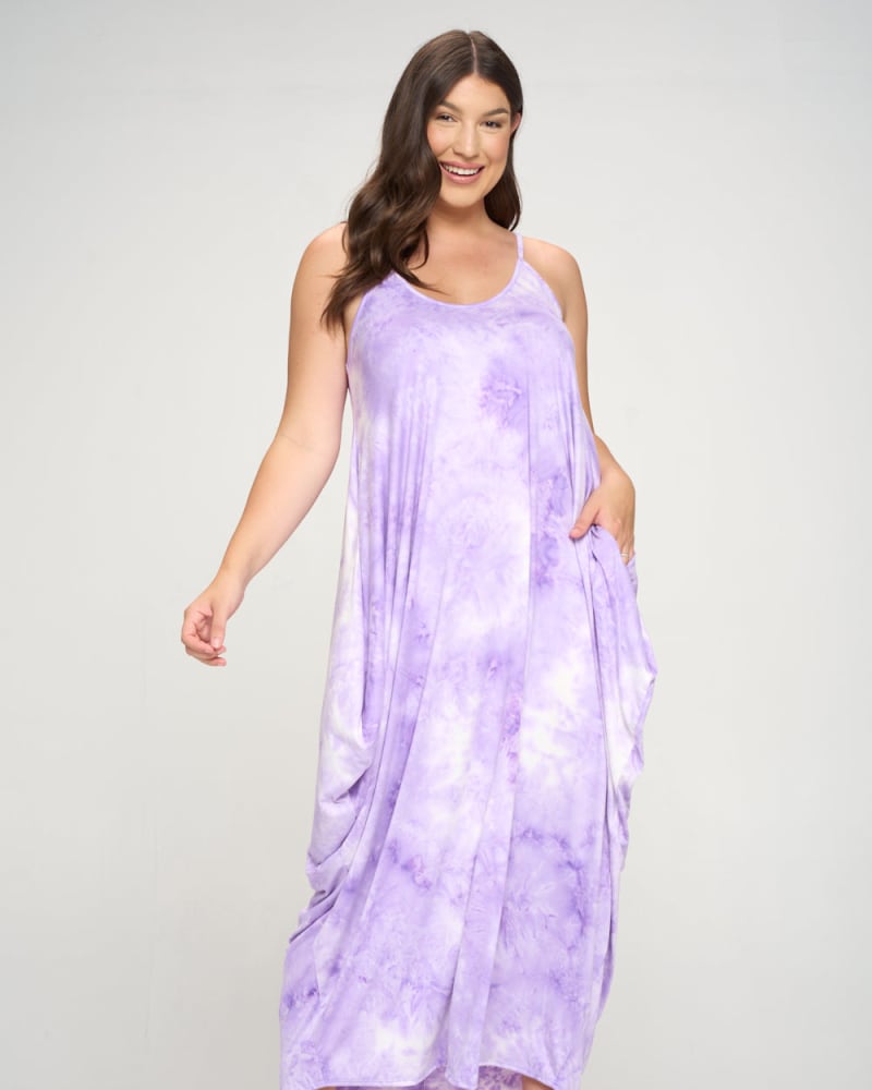 Front of a model wearing a size 1X Remi Tie Dye Maxi Dress in Lilac/White Tie Dye by L I V D. | dia_product_style_image_id:241186